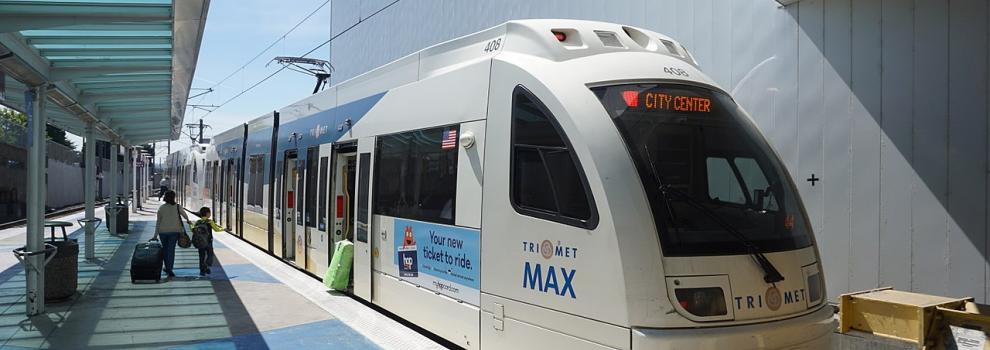 A MAX Red Line train prepares to depart from Portland International Airport