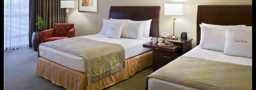 A double queen room at the DoubleTree