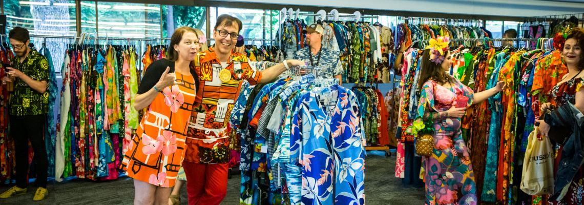 Vendors selling vintage aloha wear at Tiki Kon.