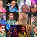 A collage of Tiki Kon fans wearing Hawaiian shirts and dresses